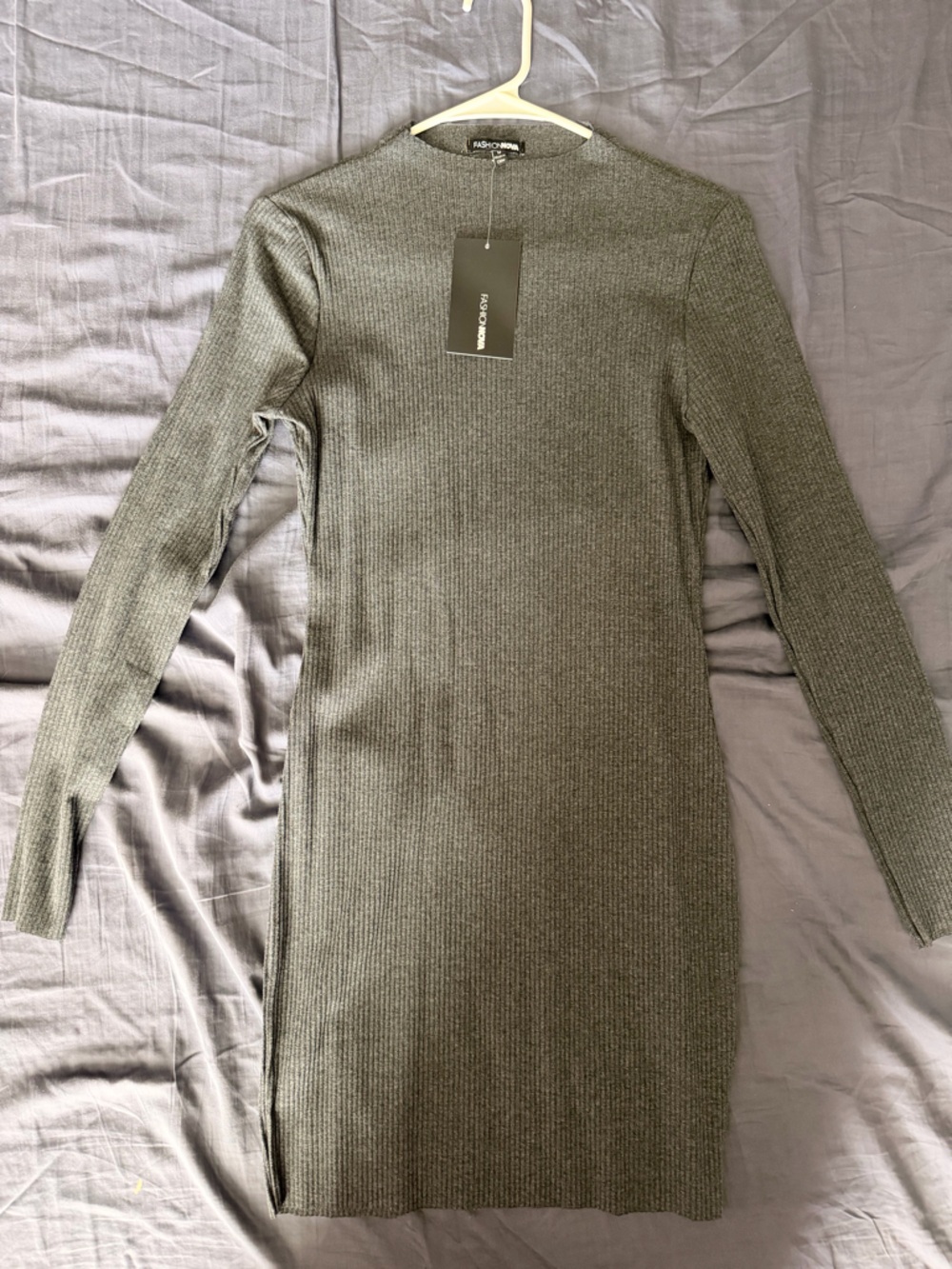 Fashion Nova Dark Gray Ribbed Long Sleeve Bodycon Dress
